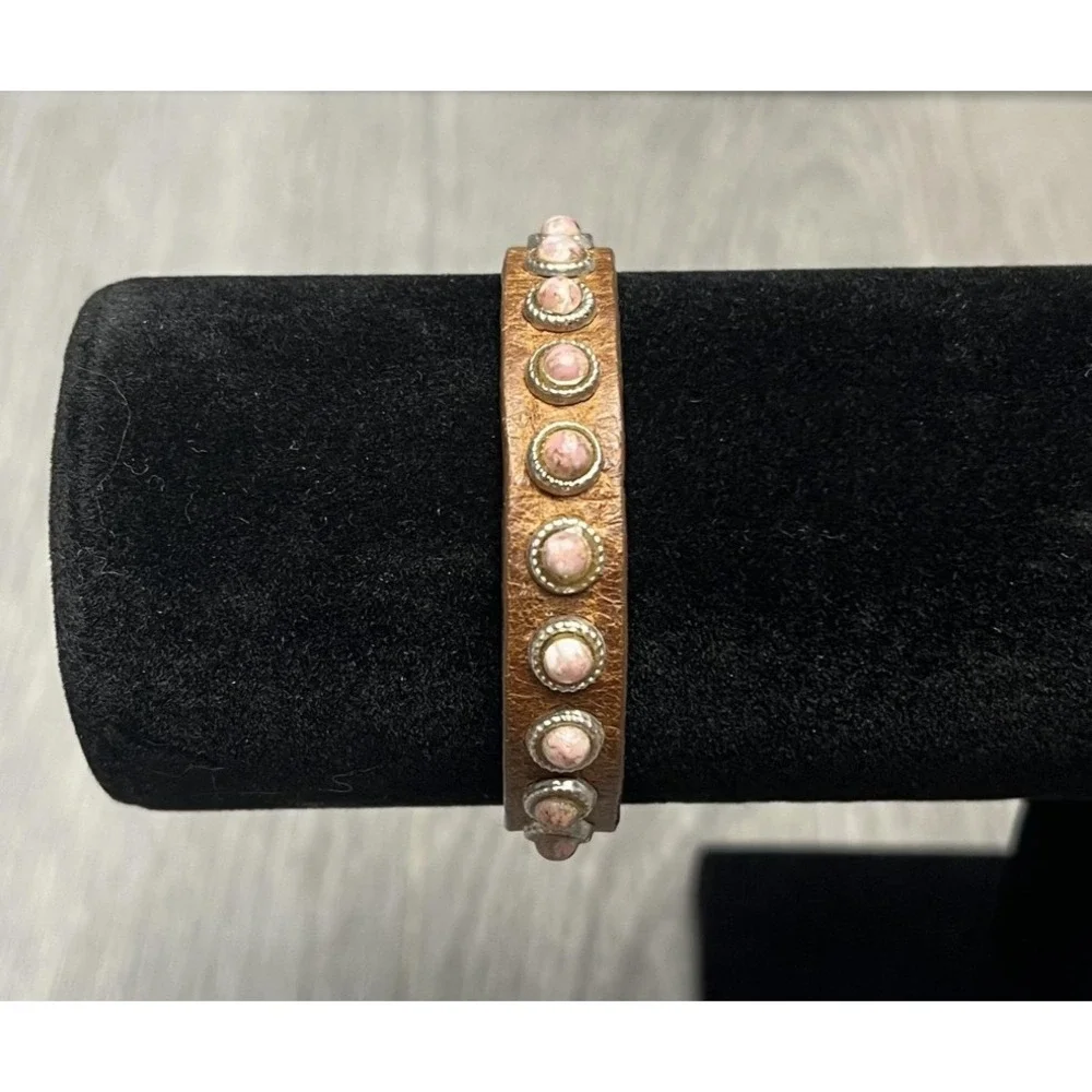 Streets Ahead Leather Studded Cuff Bracelet Pink Stone Boho Adjustable